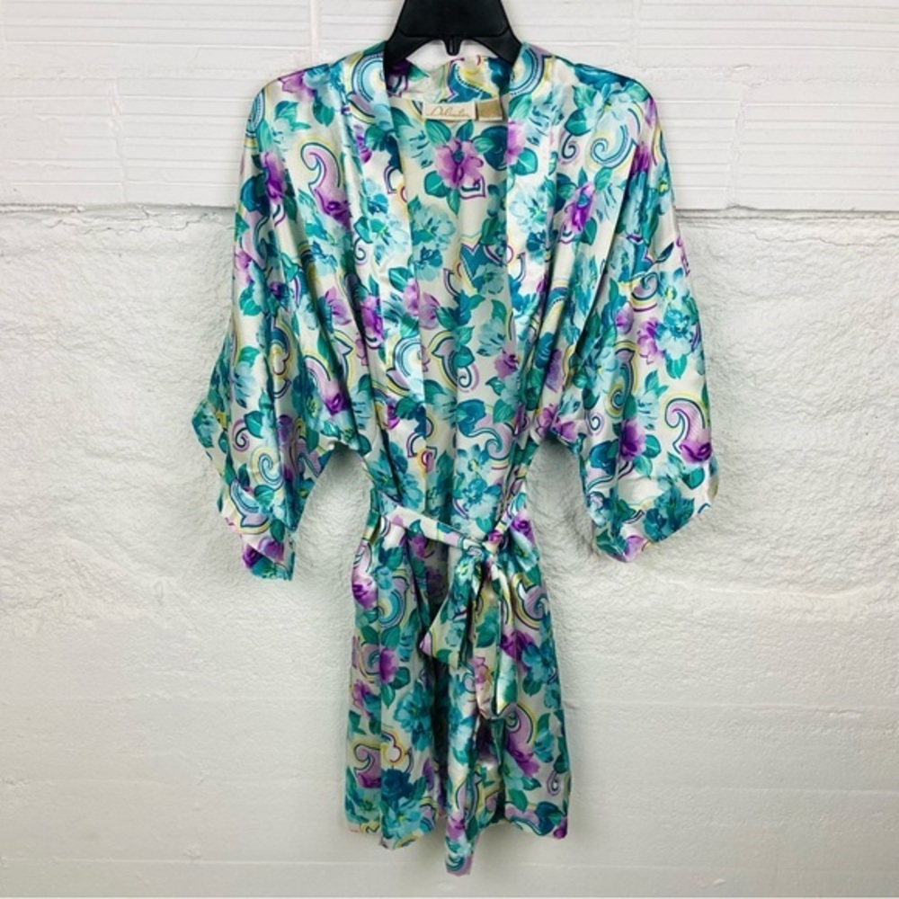 DELICATES floral blue silky satin lightweight robe size medium